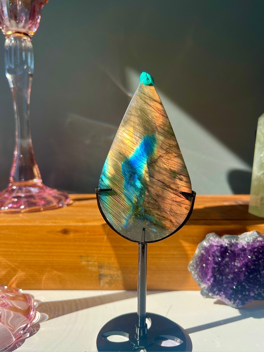 Labradorite Teardrop on Stand - Blue-Green Iridescent Home Art